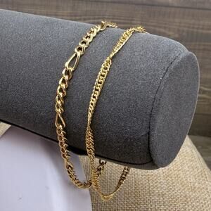 Two 14KGP Yellow Gold Plated Twist and Figaro Chain Bracelets